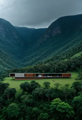 Aerial view of a modern rectangular cabin set in a lush green valley surrounded by thick trees and tall mountains under a dark rain-heavy cloudy sky.