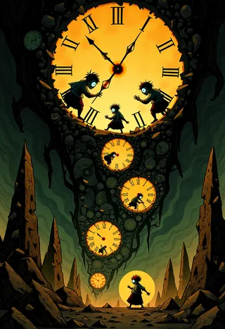 A cyclops with a glowing eye climbs a spiral mountain of broken clocks, surrounded by spectral versions of a child passing in different directions, evoking a surreal time-loop.