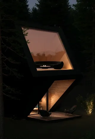 A 60-degree front-inclined square cabin in the forest with a large glass wall showing a black sofa, indoor plants, and warm incandescent wall lighting, with a porch featuring a coffee table and chair.