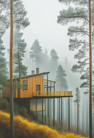 Two-storey greenhouse wooden cabin with chimney on columns in foggy pine forest with yellow grass on a sloped surface.