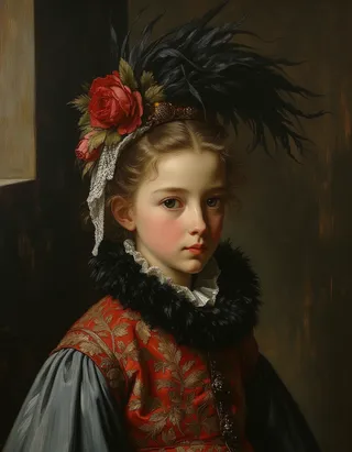 Oil painting of a frail pale Dutch princess inside a cathedral wearing a red and gold embroidered garment, a black feathered headdress with roses, and a ruffled collar, rendered in the style of Rembrandt with intricate details and soft lighting.