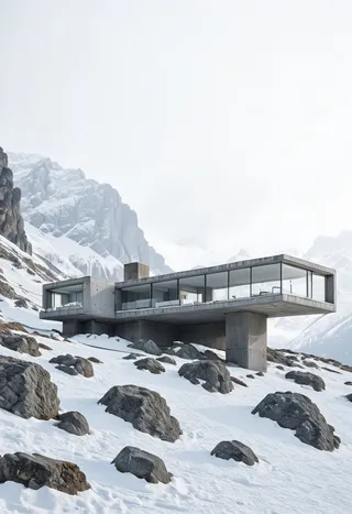 Modern twin concrete cabins stacked perpendicularly with glass windows, supported by concrete columns on a snow-covered rocky slope with towering mountains in the background.