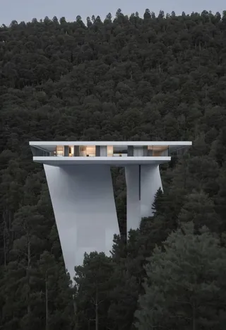 A rectangular white modern cabin with large glass windows and warm indoor lighting, elevated high above the ground on two distinct concrete columns, surrounded by dense tall forest trees under a grey sky.