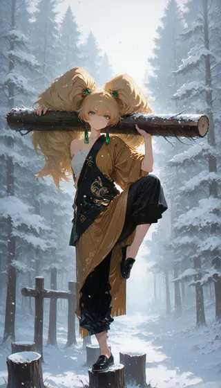 A blonde-haired monk girl standing on snow-covered tree stumps in a forest, holding a log on her shoulder in a dynamic pose with emerald eyes and a kesa robe.