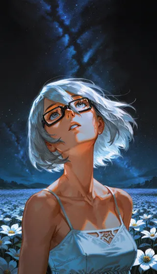 Portrait of 2B from Nier Automata wearing rectangular glasses and a white spaghetti strap dress, looking up against a starry night sky and a field of white flowers.