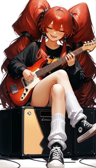 Red-haired girl sitting cross-legged on an amplifier, playing a red Fender bass guitar and wearing Converse sneakers with loose white socks, smirking confidently.