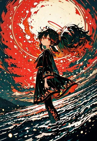 A fantasy-themed artwork of Taru, a girl with big gradient hair tied with tubes, wearing tribal clothing, standing in a dynamic pose with a bright, sparkling aura and a dramatic, swirling red and white background.