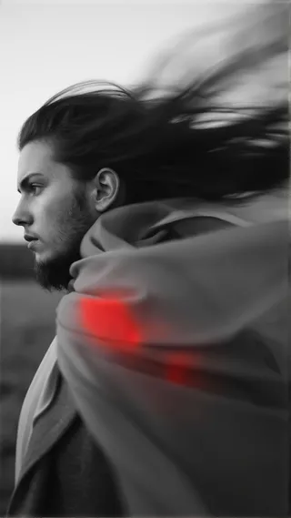 Close-up side profile of a person in a monochrome portrait with flowing fabric and a subtle red accent glowing on the scarf, captured with motion blur in an outdoor setting.