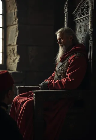 A mature medieval Scandinavian king with long blond hair and gray eyes sits on an ornate dark throne wearing military royal clothes, illuminated by harsh light from a narrow window; a small buffoon in a red cap is visible at the side.