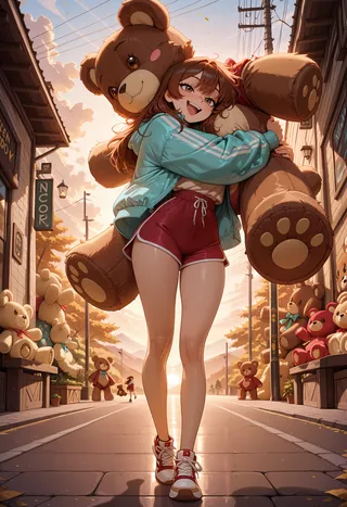 A cheerful girl with long brown hair wearing a teal jacket, red shorts, and sneakers hugging a huge teddy bear outdoors on a street lined with teddy bears.