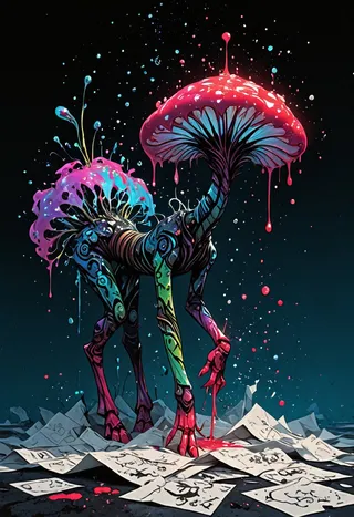 A surreal, colorful mushroom-like creature with dripping paint, standing on scattered painted papers, surrounded by ink drops and gradient color splashes on a dark background.
