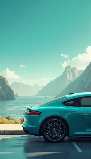 Side view of a sleek turquoise sports car parked by a serene mountain lake under a clear sky with distant rocky peaks in a minimalist style.