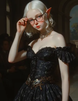Close-up portrait of a shy tween elf fashion model with white hair and blue eyes wearing oversized glasses and a black avant-garde dress with mathematical formulas.