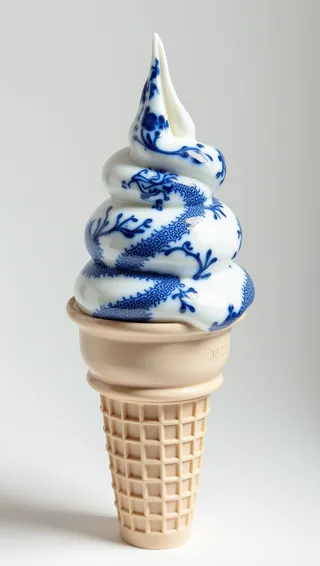 Hyper-realistic soft-serve ice cream cone with a glossy white porcelain swirl decorated with detailed blue floral and dragon patterns, inspired by Chinese ceramics, on a smooth beige waffle cone against a neutral off-white background.