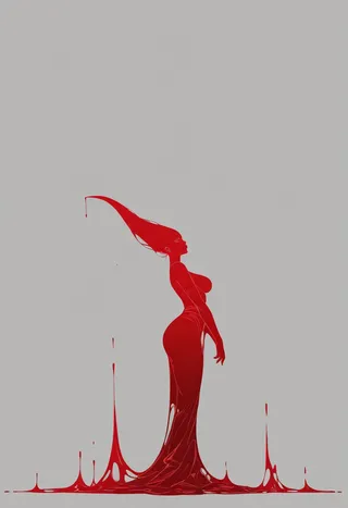 A red silhouette of a seductive blood sorceress with elongated, flowing hair blending into a dripping liquid, set against a flat gray background with triadic color scheme.