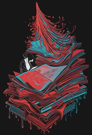 A black and white scholar reading among a towering, surreal pile of red and blue books with flowing, abstract pages against an inverted black background.