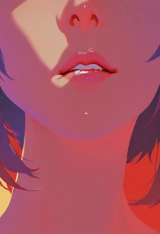 Close-up of a girl's mouth biting her lips, depicted in a flat design with neon triadic colors and pearlescent highlights on an inverted background.