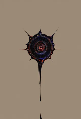 An abstract dark symbol with a central circular design, dripping ink effect, rendered in triadic colors with neon and pearlescent highlights on a muted brown background.