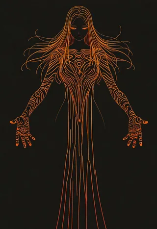 Abstract tribal woman figure outlined with glowing orange line art tattoos on a black inverted background.