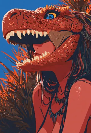 A tribal woman wearing an intricately detailed, red-scaled dinosaur mask with sharp teeth, set against an inverted blue background with orange foliage, in flat color design.