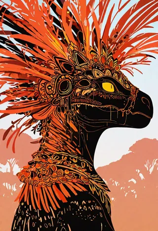 Side profile of a stylized tribal dinosaur head adorned with intricate orange and black feathers, set against a pale background with silhouettes of trees.