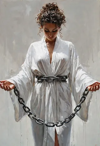 A hyper realistic oil painting of a girl with curly bun hairstyle wearing a flowing white robe with chains around her wrists and waist against a neutral white background.