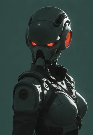 A female sci-fi soldier wearing advanced military armor and a futuristic cybernetic helmet with glowing red eyes against a dark, inverted background.