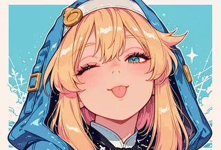 Anime-style portrait of Bridget from Guilty Gear Strive with blonde hair, one eye winking, tongue out, wearing a detailed blue hood, set on a pastel blue background