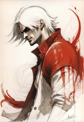 Portrait of Dante from Devil May Cry with long white hair and a red jacket, illustrated with bold brushstrokes and line drawing style.