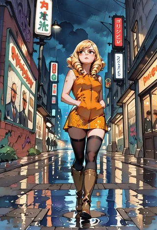 Blonde woman with drill hair and swept bangs walking sulking on a rainy, graffiti-covered urban street at night wearing a patterned mini dress, black stockings, and knee boots.