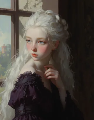 A young elf girl with long white hair and silver-blue eyes wearing a dark purple dress, standing near a window in a Victorian bedroom with gentle sunlight illuminating her face.