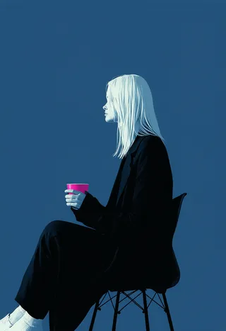 Minimalist digital illustration of a solitary woman with sleek blonde hair sitting on a chair, holding a glowing fuchsia coffee cup against a deep indigo background.