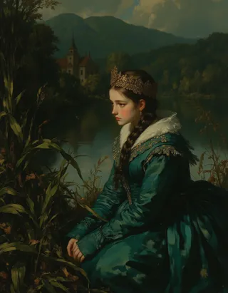 A detailed oil painting of a Slavic princess with braided hair and a golden kokoshnik crown, dressed in a deep teal silk gown, sitting pensively by a calm lake with a misty, mountainous landscape and an ancient castle in the distance, rendered in Rembrandt style lighting.