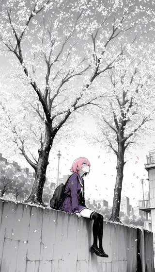 Girl with short pink hair and purple sailor school uniform sitting on a wall beneath cherry blossom trees with petals falling, grayscale city background.