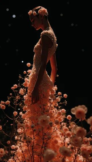 Silhouette of a woman wearing a detailed dress made of delicate flowers, illuminated by dramatic nighttime lighting with soft shadows and a dark background.