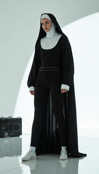 Female model dressed as a nun wearing tight black athletic tights and a black cape, standing near a vintage 1980s tape recorder in a high-contrast minimalist setting.