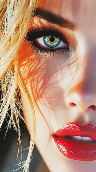 Extreme closeup of a photorealistic blonde woman’s eye with blue-green iris, dark eyeshadow, loose blonde hair, and glossy red lips in watercolor movie poster style.