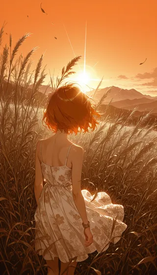 Young girl with short orange hair in a white floral summer dress standing in a wheat field at sunset with mountains and orange sky in the background.