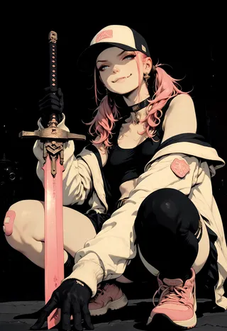 A girl with pink twin-tailed hair, wearing a baseball cap and black and beige casual outfit, holding a large detailed sword with a confident smirk, squatting in a dynamic pose.