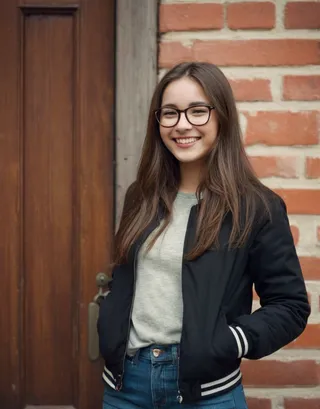 A smiling young woman wearing eyeglasses and a black jacket leans casually against a brick wall next to a wooden door in an outdoor urban setting during daytime.