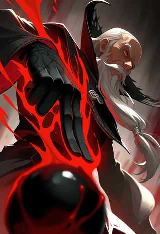 Close-up of a male sorcerer with red eyes and white beard performing blood magic with a black orb against a dark background