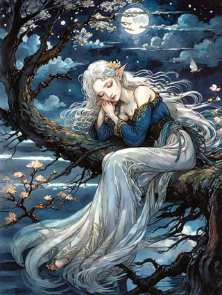 A white-haired elf sleeps peacefully on a tree branch under a moonlit night sky, surrounded by flowers, mystical clouds, and a flowing river.