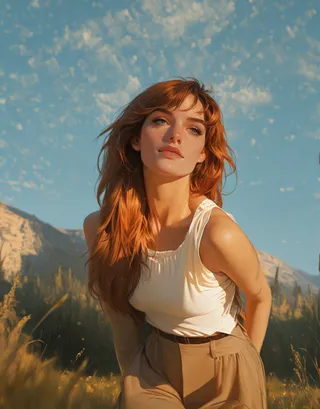 A stunning redhead woman with flowing layered hair wearing summer casual clothing poses outdoors on a sunny day with a scenic mountain and blue sky background.