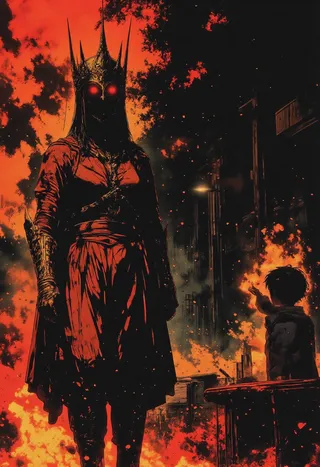 A dark queen with glowing red eyes stands amidst flames with a crown of spikes, while a child points towards her in a fiery, burning background.