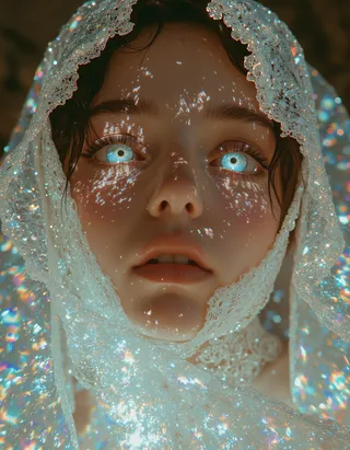 Close-up portrait of a bride with glowing blue eyes under a glittering lace veil, with light reflecting like digital static across her face.