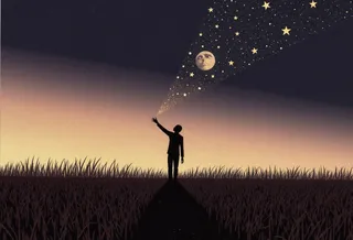 Silhouetted lone figure in a twilight field with an outstretched hand releasing glowing stars into a night sky with a face-like moon, styled in retro 90s CGI aesthetic.
