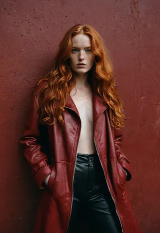 A woman with long wavy ginger hair and freckles wearing a dark red leather coat with a zipper, posing against a dark red concrete wall in a fine art photography style.