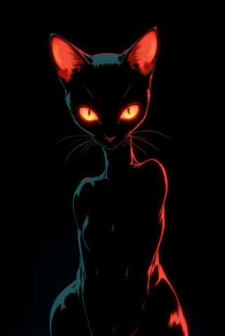 A sleek black cat with a slender physique and glowing orange-red eyes, outlined with vivid luminous hues on a dark background.