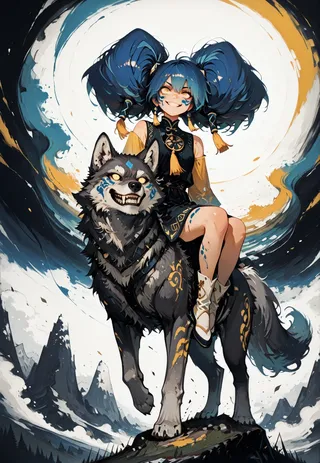 A fierce girl with big azure hair tubes and war paint riding a gray-furred wolf with yellow eyes and tribal markings, set against a dramatic mountainous background with swirling surreal colors.