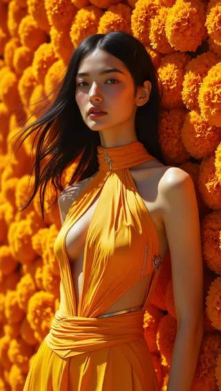 A serene Japanese model with flowing black hair poses in a saffron silk gown with high collar and architectural pleating against a vibrant wall of dense golden marigolds, illuminated by golden-hour lighting.